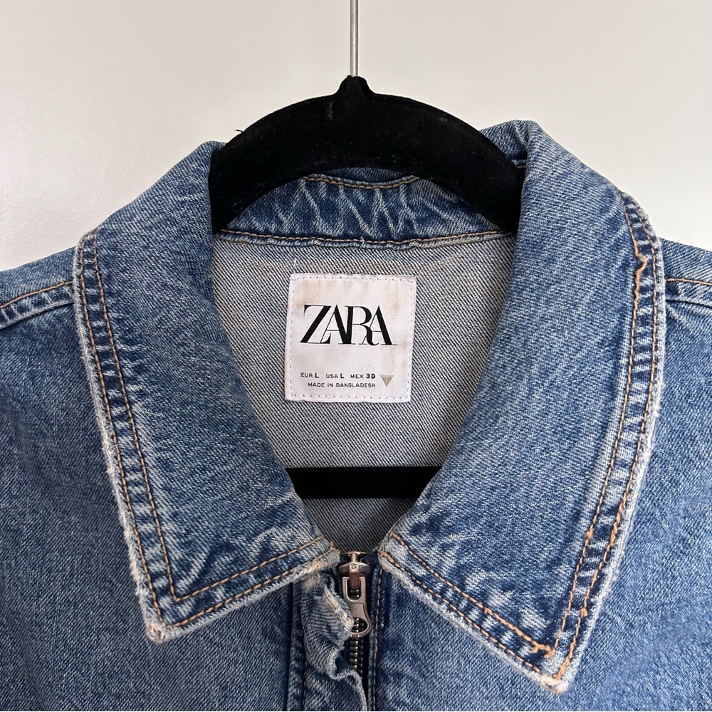 Zara (L) Blue Denim Jean Zip Up Mini Dress- Sleeveless, Collared, Cargo Pocket - Picture 8 of 10